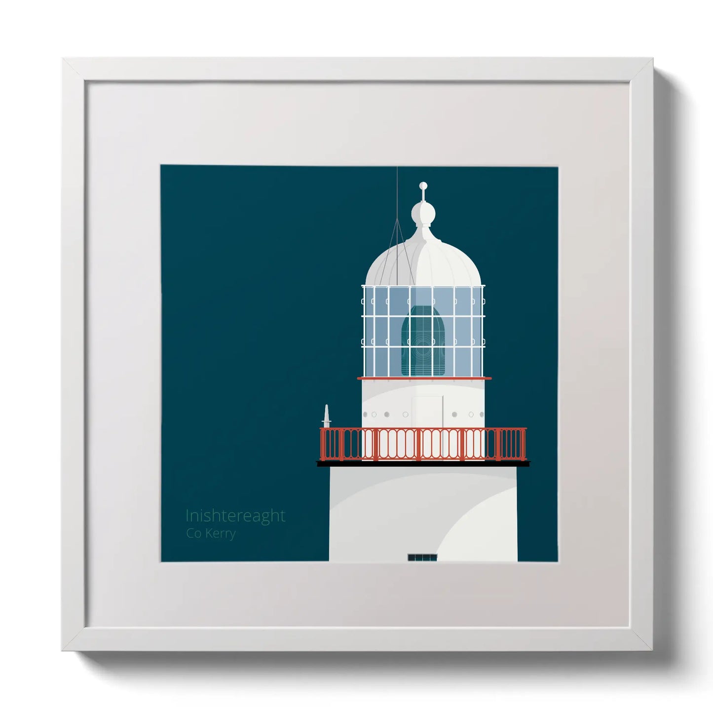 Illustration of Inistearaght lighthouse on a midnight blue background,  in a white square frame measuring 30x30cm.