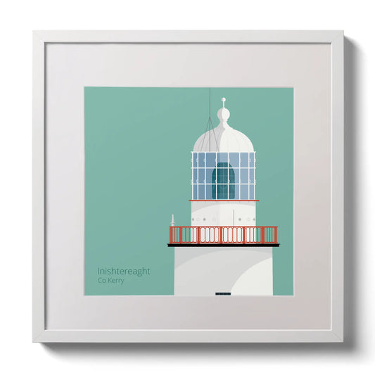 Illustration of Inistearaght lighthouse on an ocean green background,  in a white square frame measuring 30x30cm.