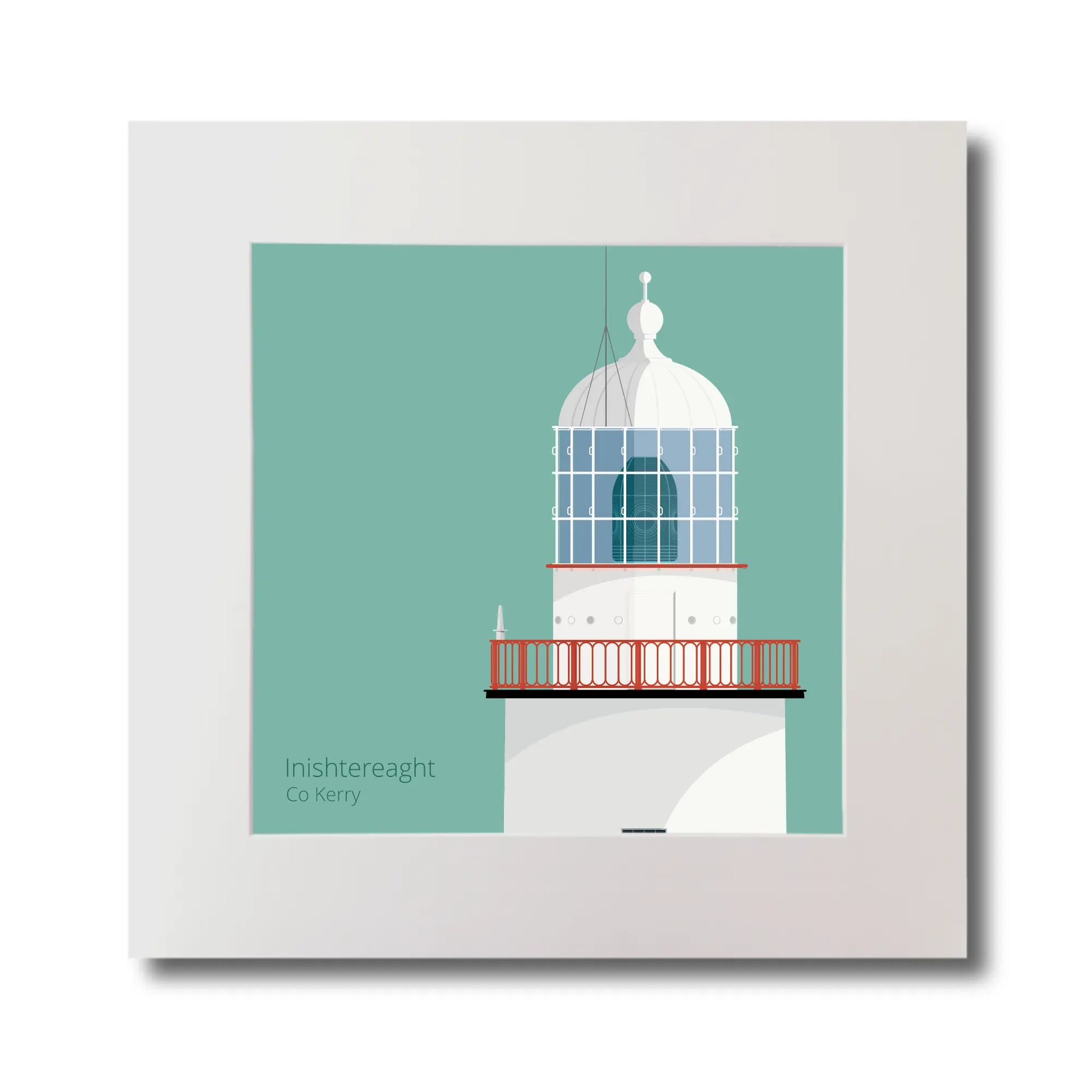 Illustration of Inistearaght lighthouse on an ocean green background, mounted and measuring 30x30cm.