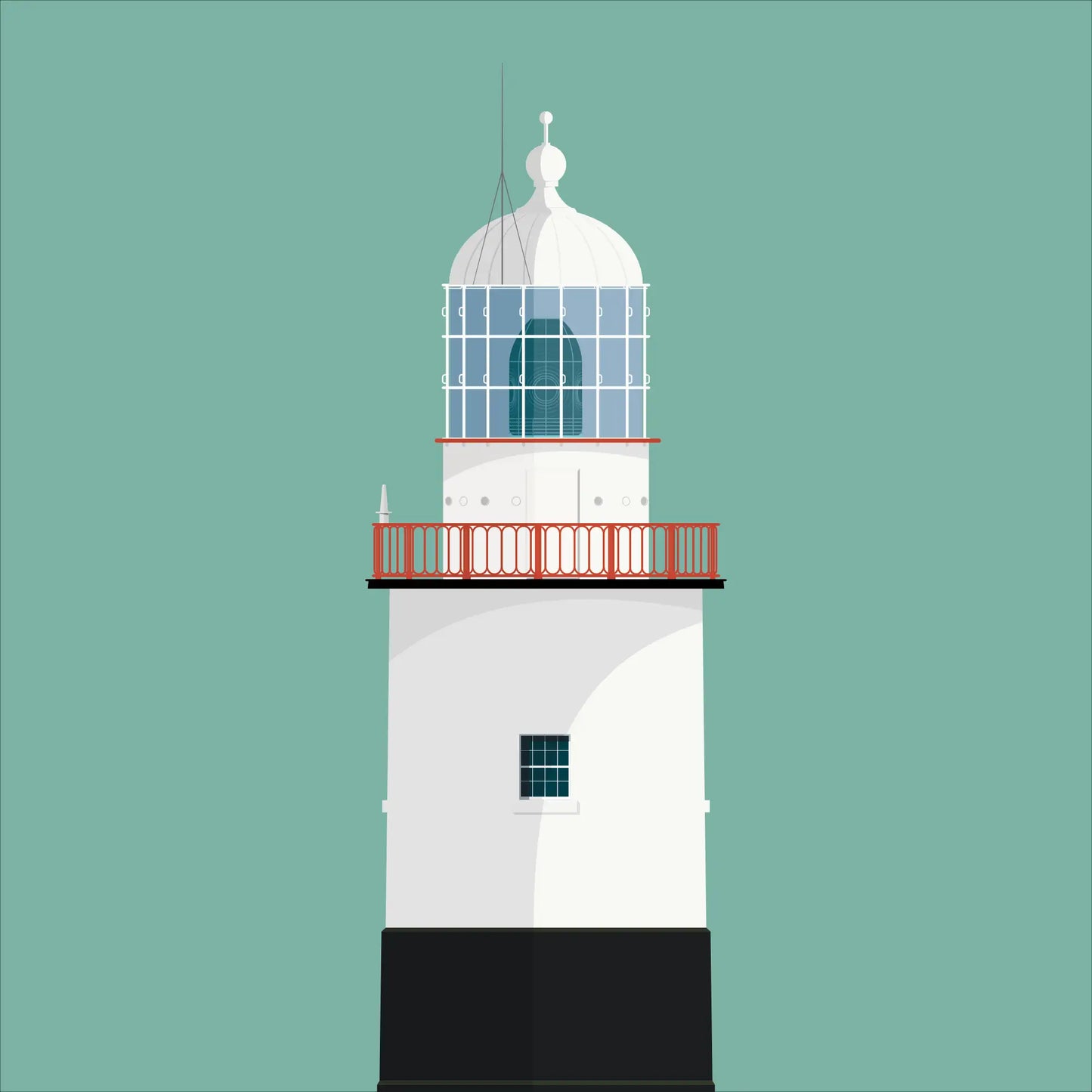 Illustration of Inistearaght lighthouse on a white background inside light blue square.