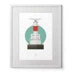 Illustration of Kish Bank lighthouse on a white background inside light blue square,  in a white frame measuring 40x50cm.