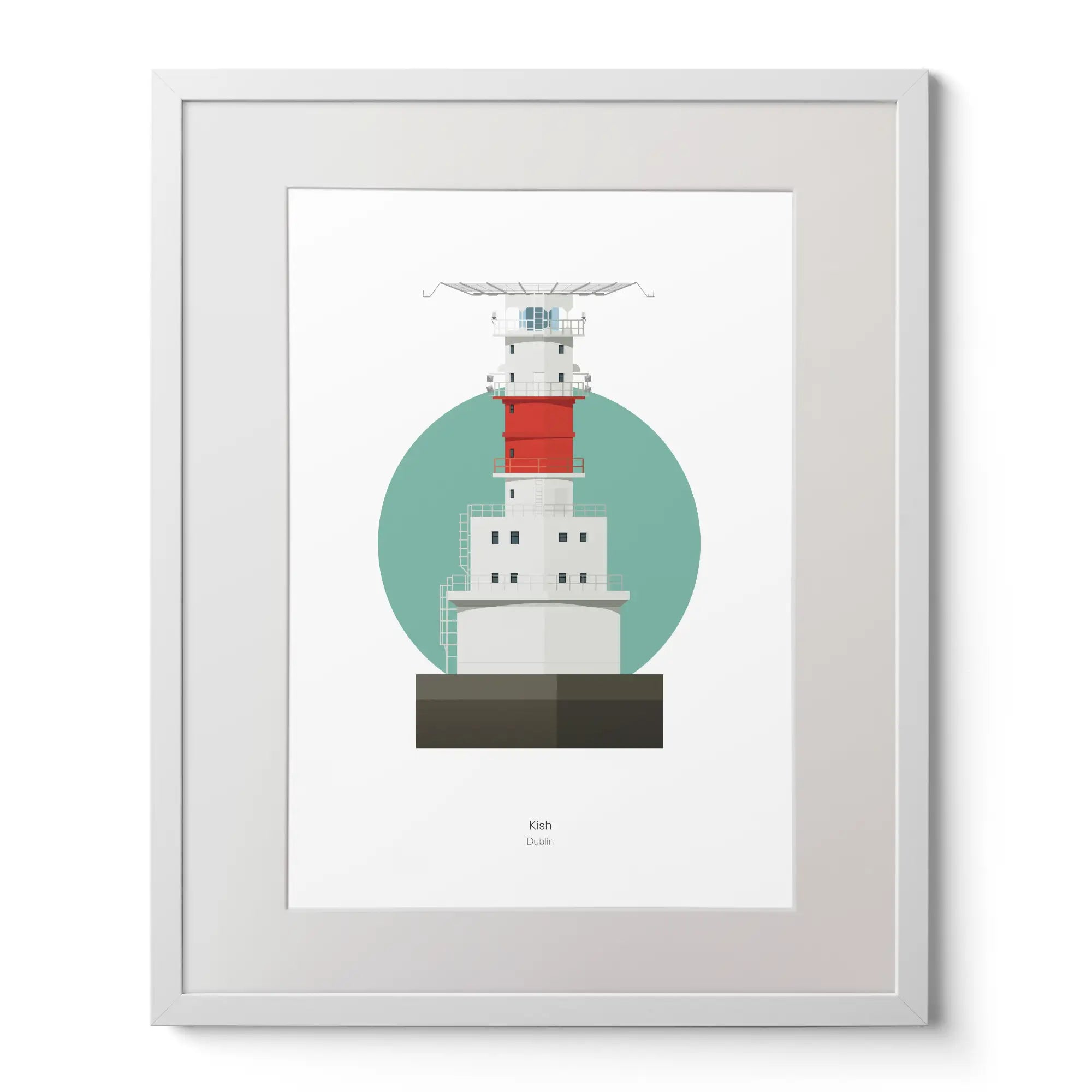 Illustration of Kish Bank lighthouse on a white background inside light blue square,  in a white frame measuring 40x50cm.