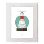 Illustration of Kish Bank lighthouse on a white background inside light blue square, mounted and measuring 40x50cm.