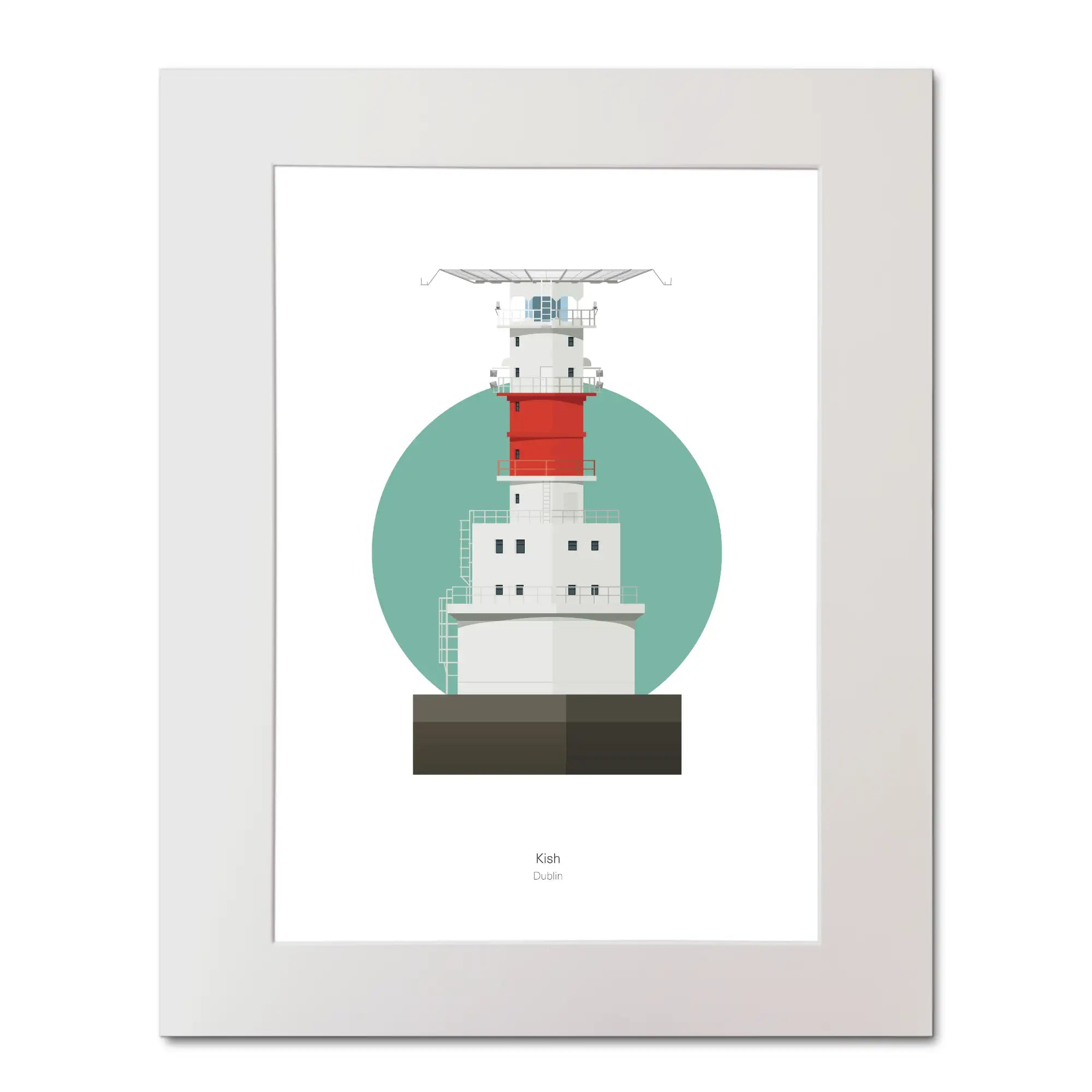 Illustration of Kish Bank lighthouse on a white background inside light blue square, mounted and measuring 40x50cm.