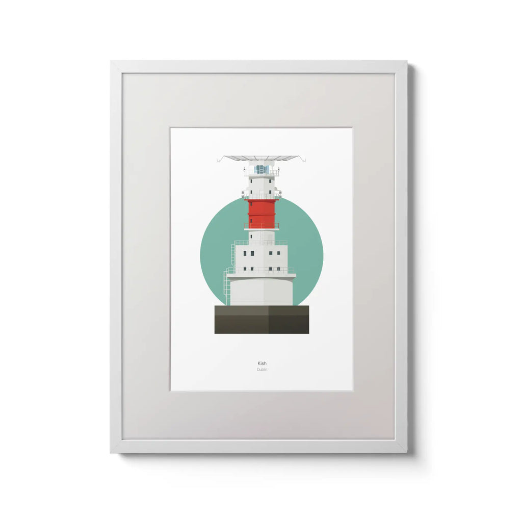 Illustration of Kish Bank lighthouse on a white background inside light blue square,  in a white frame measuring 30x40cm.