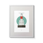Illustration of Kish Bank lighthouse on a white background inside light blue square,  in a white frame measuring 30x40cm.