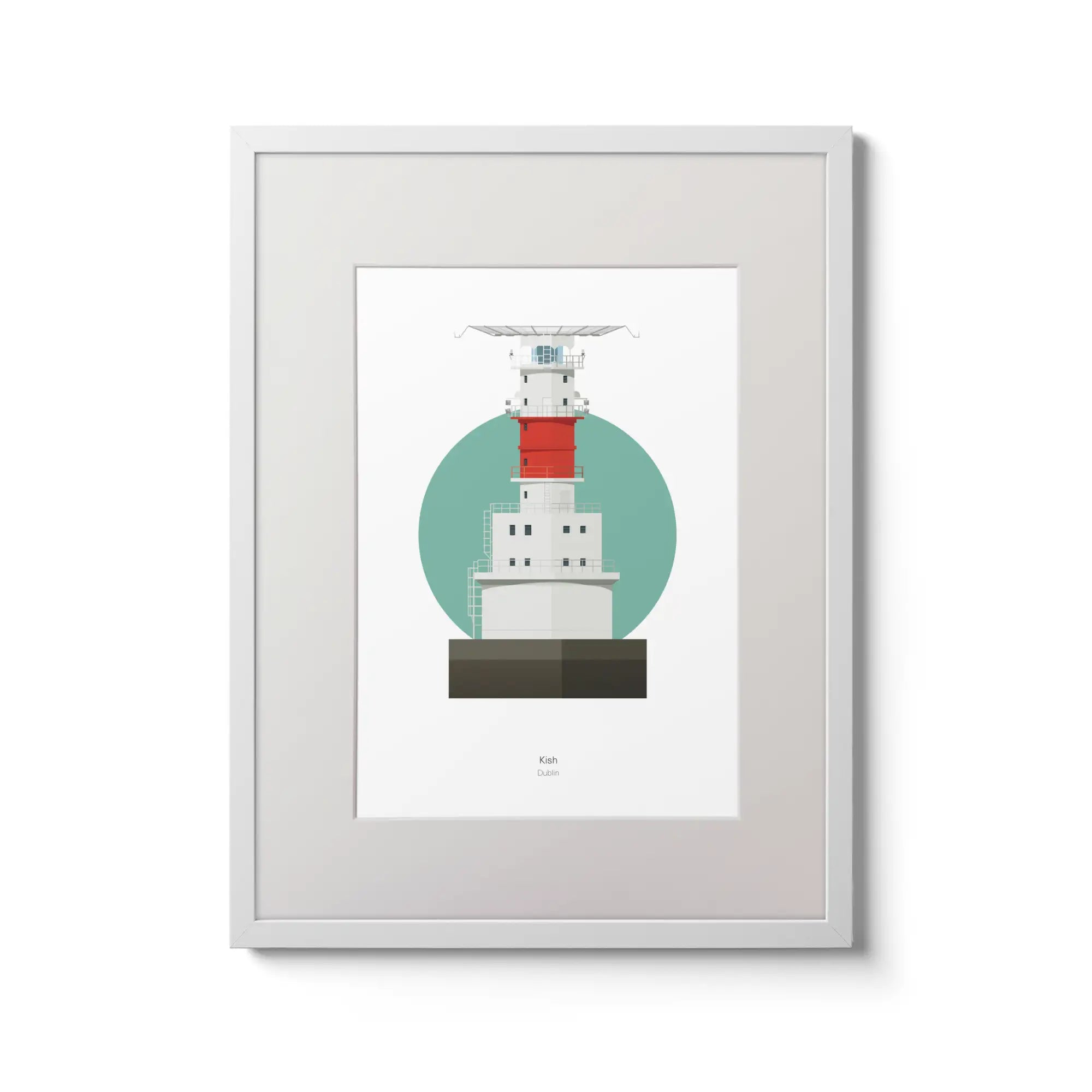 Illustration of Kish Bank lighthouse on a white background inside light blue square,  in a white frame measuring 30x40cm.