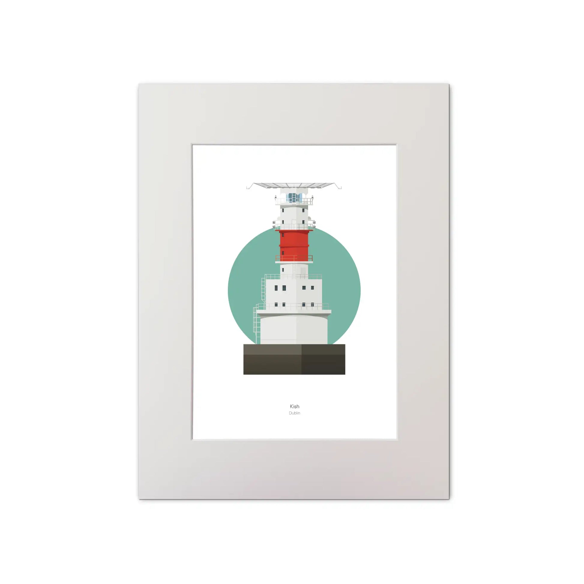 Illustration of Kish Bank lighthouse on a white background inside light blue square, mounted and measuring 30x40cm.