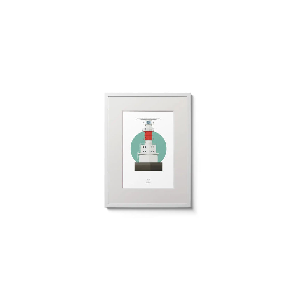 Illustration of Kish Bank lighthouse on a white background inside light blue square,  in a white frame measuring 15x20cm.