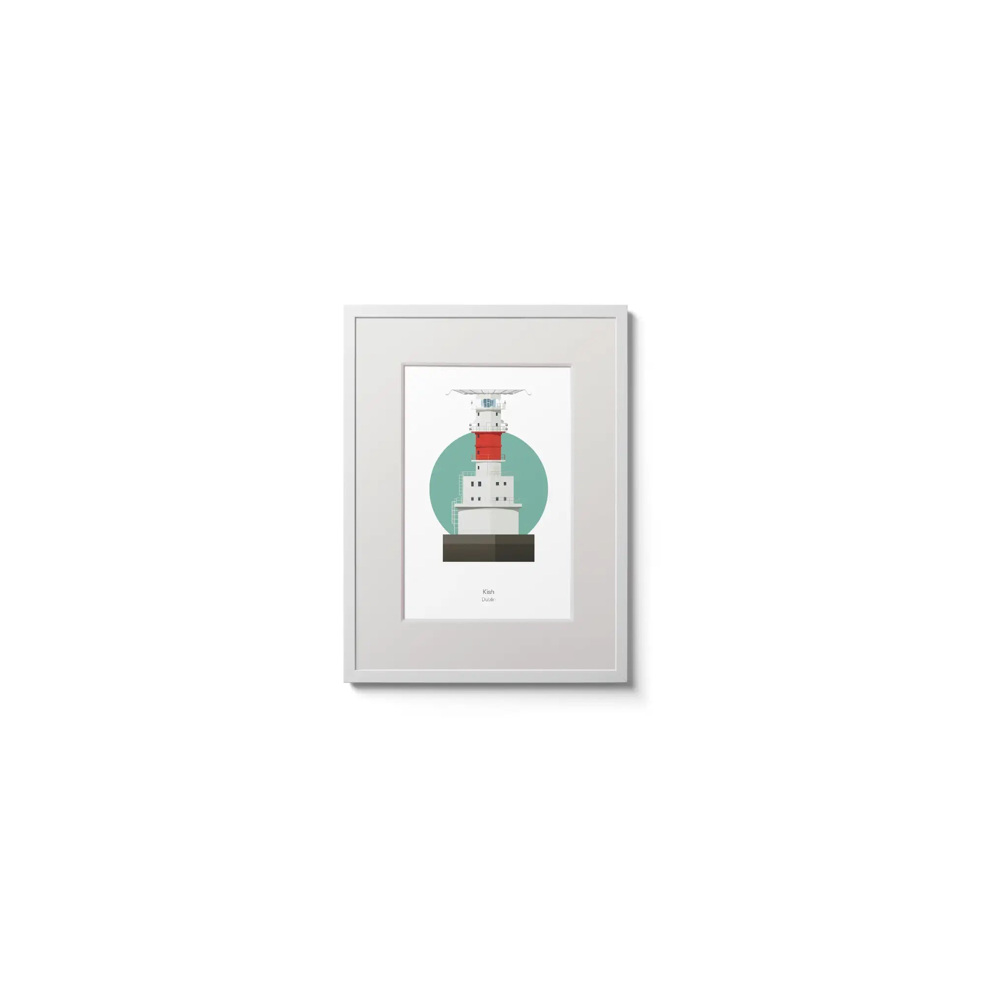Illustration of Kish Bank lighthouse on a white background inside light blue square,  in a white frame measuring 15x20cm.
