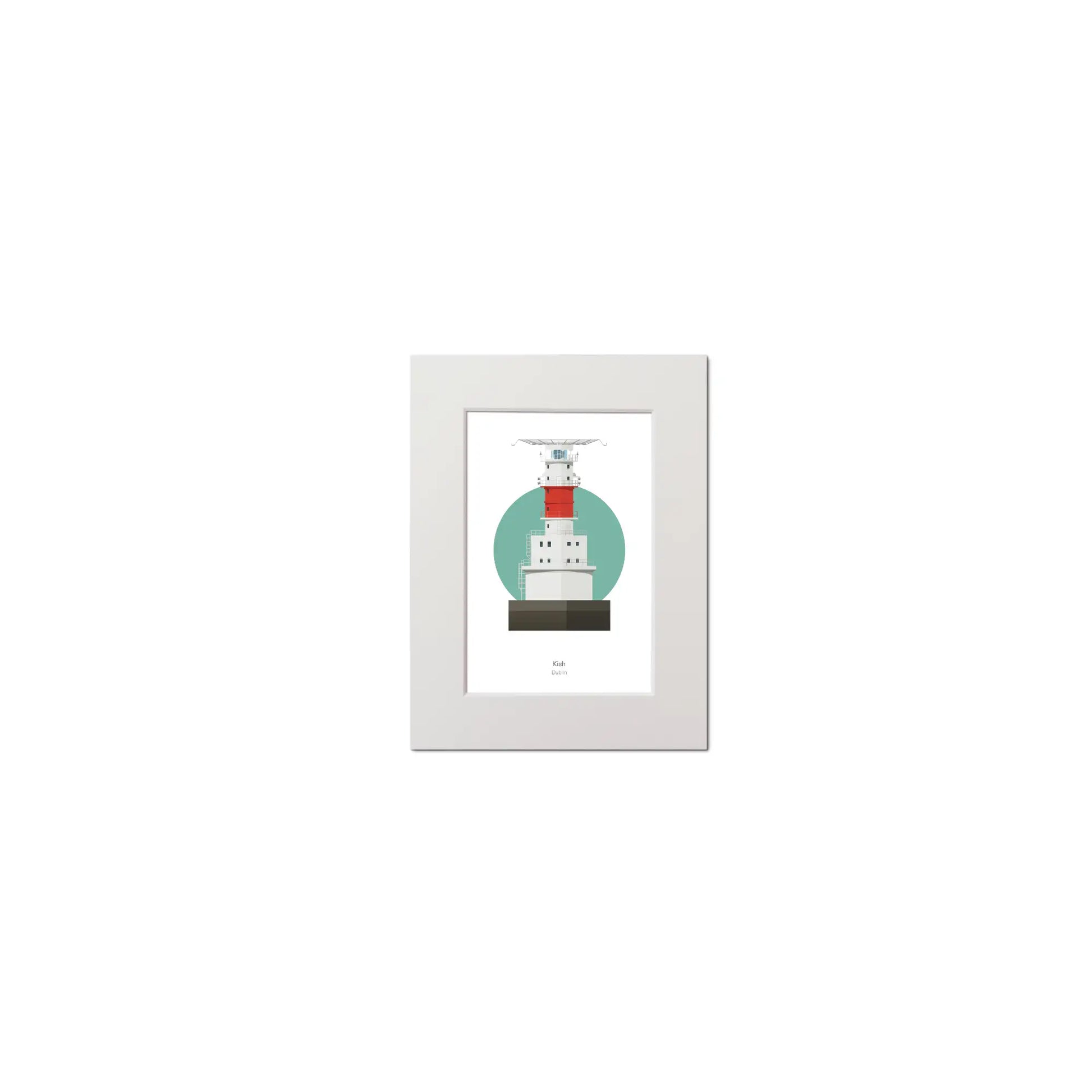 Illustration of Kish Bank lighthouse on a white background inside light blue square, mounted and measuring 15x20cm.