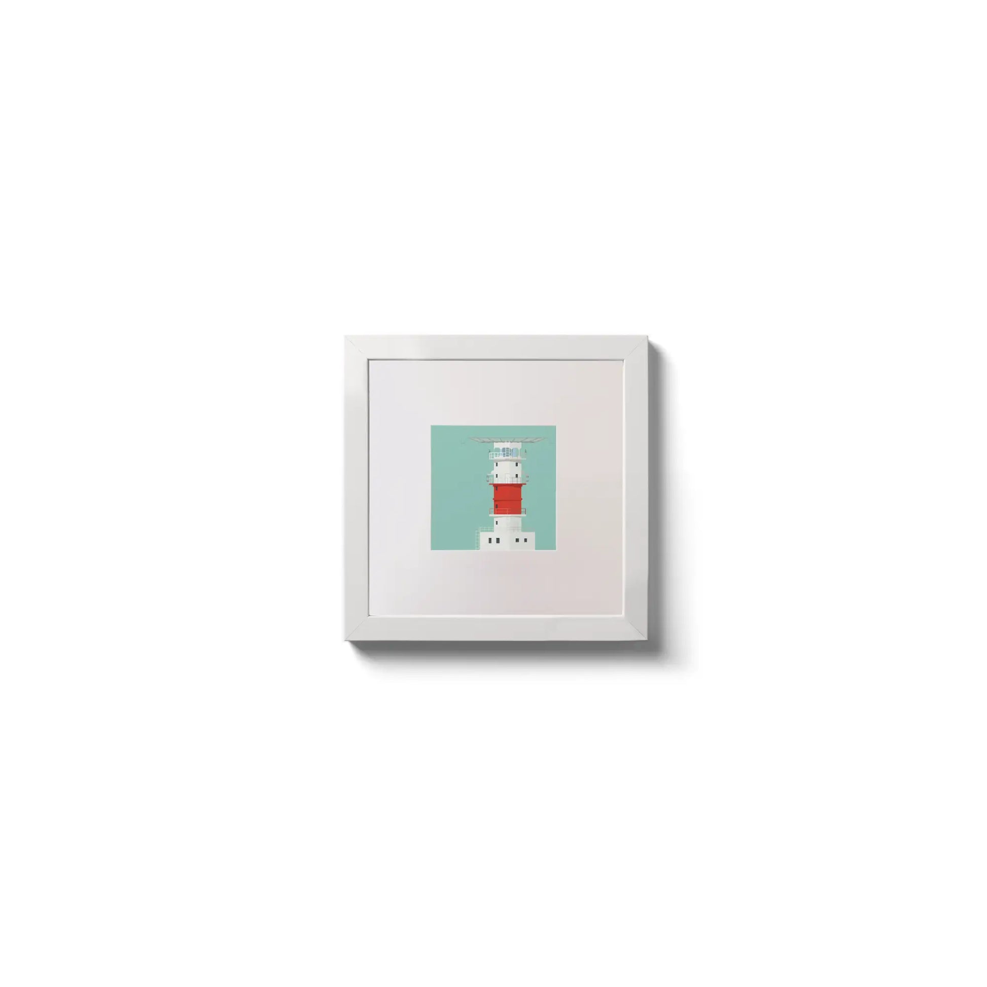 Illustration of Kish lighthouse on an ocean green background,  in a white square frame measuring 10x10cm.