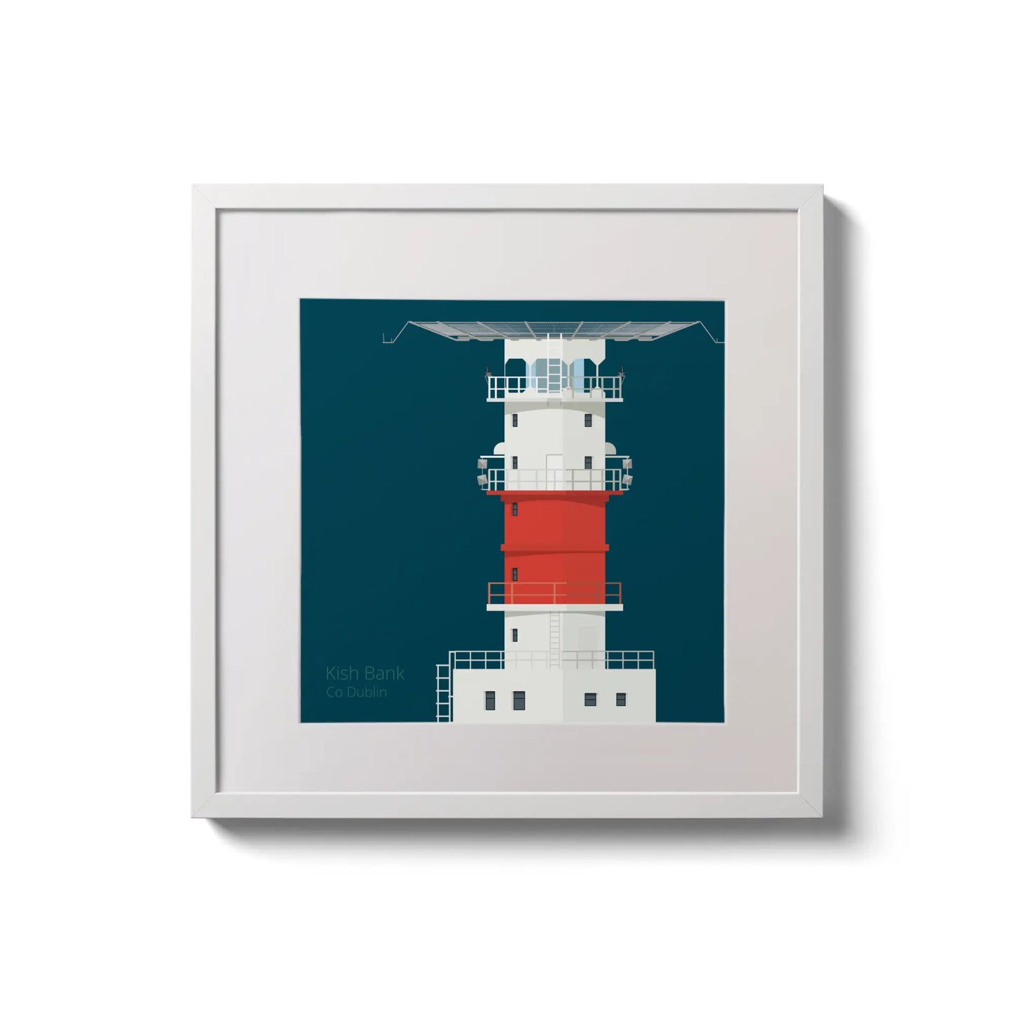 Illustration of Kish lighthouse on a midnight blue background,  in a white square frame measuring 20x20cm.