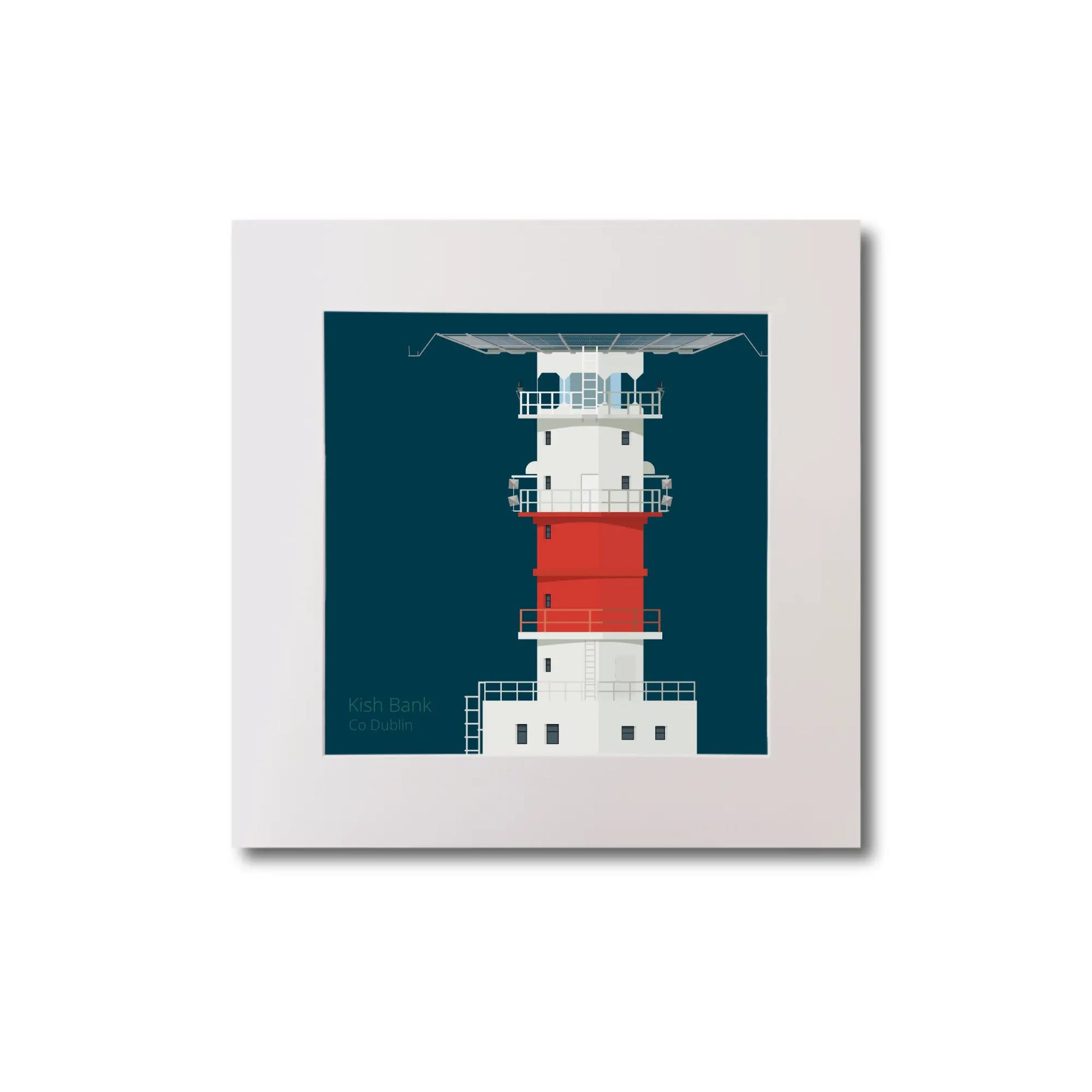 Illustration of Kish lighthouse on a midnight blue background, mounted and measuring 20x20cm.