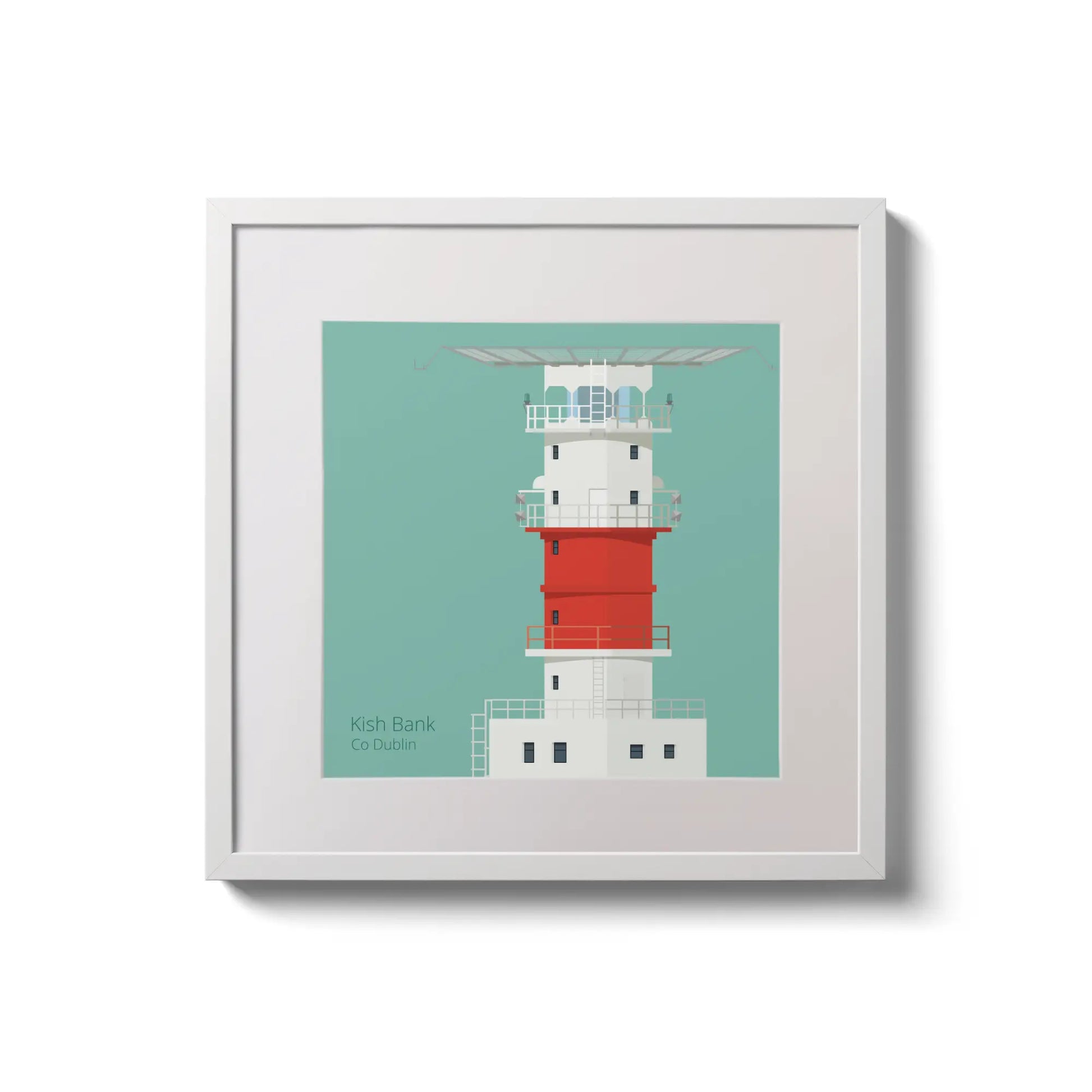 Illustration of Kish lighthouse on an ocean green background,  in a white square frame measuring 20x20cm.