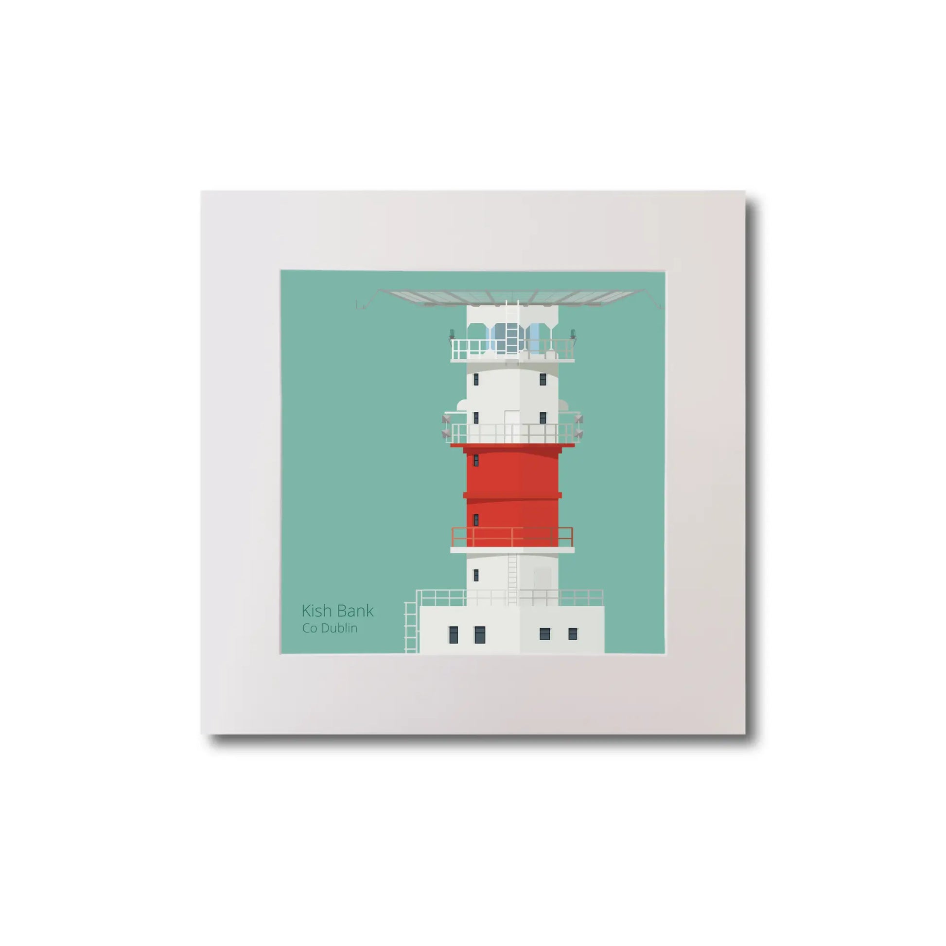 Illustration of Kish lighthouse on an ocean green background, mounted and measuring 20x20cm.