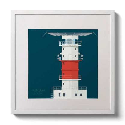 Illustration of Kish lighthouse on a midnight blue background,  in a white square frame measuring 30x30cm.