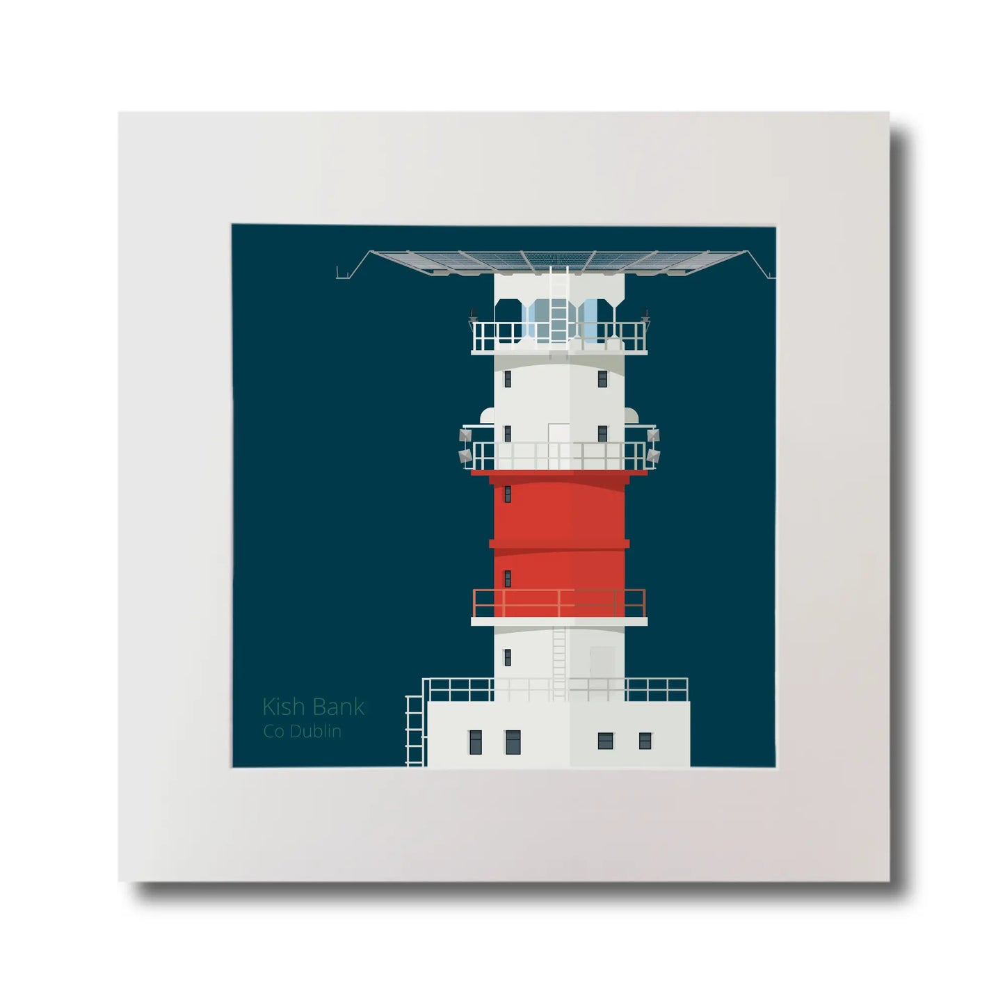Illustration of Kish lighthouse on a midnight blue background, mounted and measuring 30x30cm.