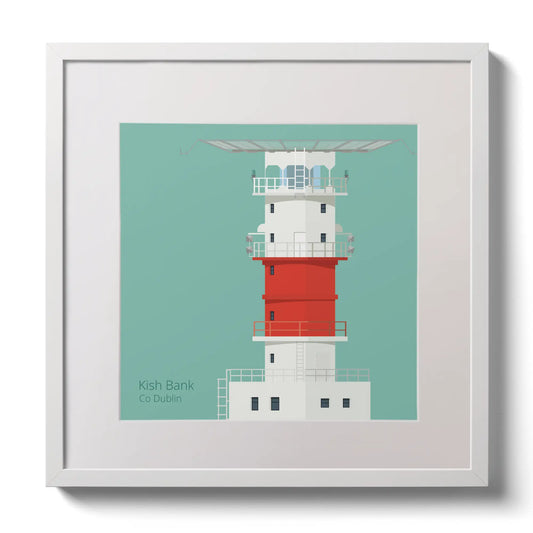 Illustration of Kish lighthouse on an ocean green background,  in a white square frame measuring 30x30cm.