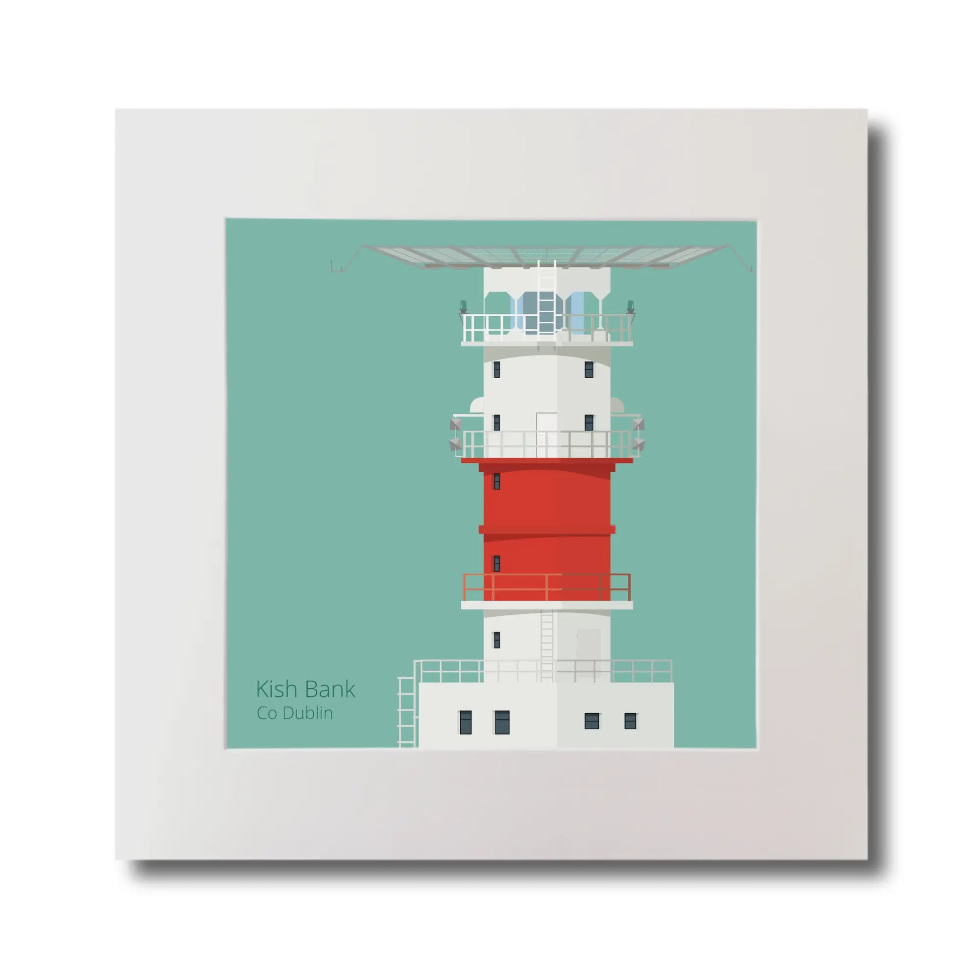 Illustration of Kish lighthouse on an ocean green background, mounted and measuring 30x30cm.