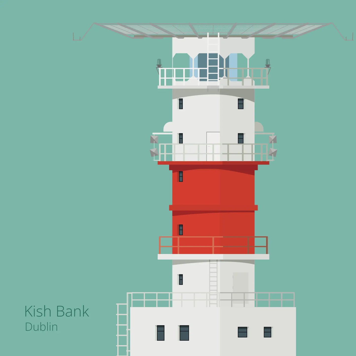 Illustration of Kish lighthouse on an ocean green background