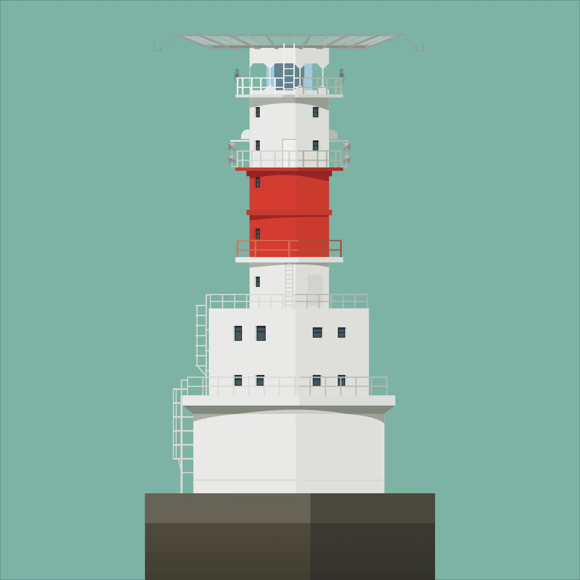 Illustration of Kish Bank lighthouse on a white background inside light blue square.
