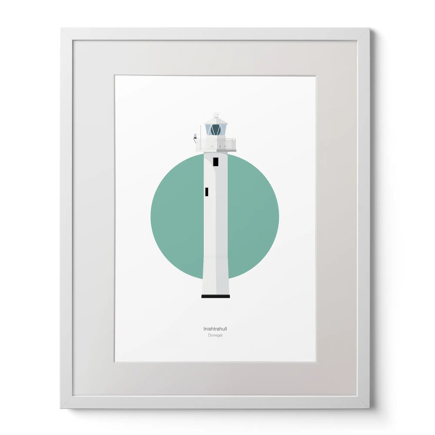 Contemporary graphic illustration of Inishtrahull lighthouse on a white background inside light blue square,  in a white frame measuring 40x50cm.