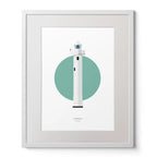 Contemporary graphic illustration of Inishtrahull lighthouse on a white background inside light blue square,  in a white frame measuring 40x50cm.
