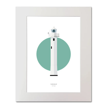 Contemporary graphic illustration of Inishtrahull lighthouse on a white background inside light blue square, mounted and measuring 40x50cm.