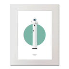 Contemporary graphic illustration of Inishtrahull lighthouse on a white background inside light blue square, mounted and measuring 40x50cm.