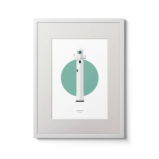 Contemporary graphic illustration of Inishtrahull lighthouse on a white background inside light blue square,  in a white frame measuring 30x40cm.
