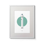 Contemporary graphic illustration of Inishtrahull lighthouse on a white background inside light blue square,  in a white frame measuring 30x40cm.