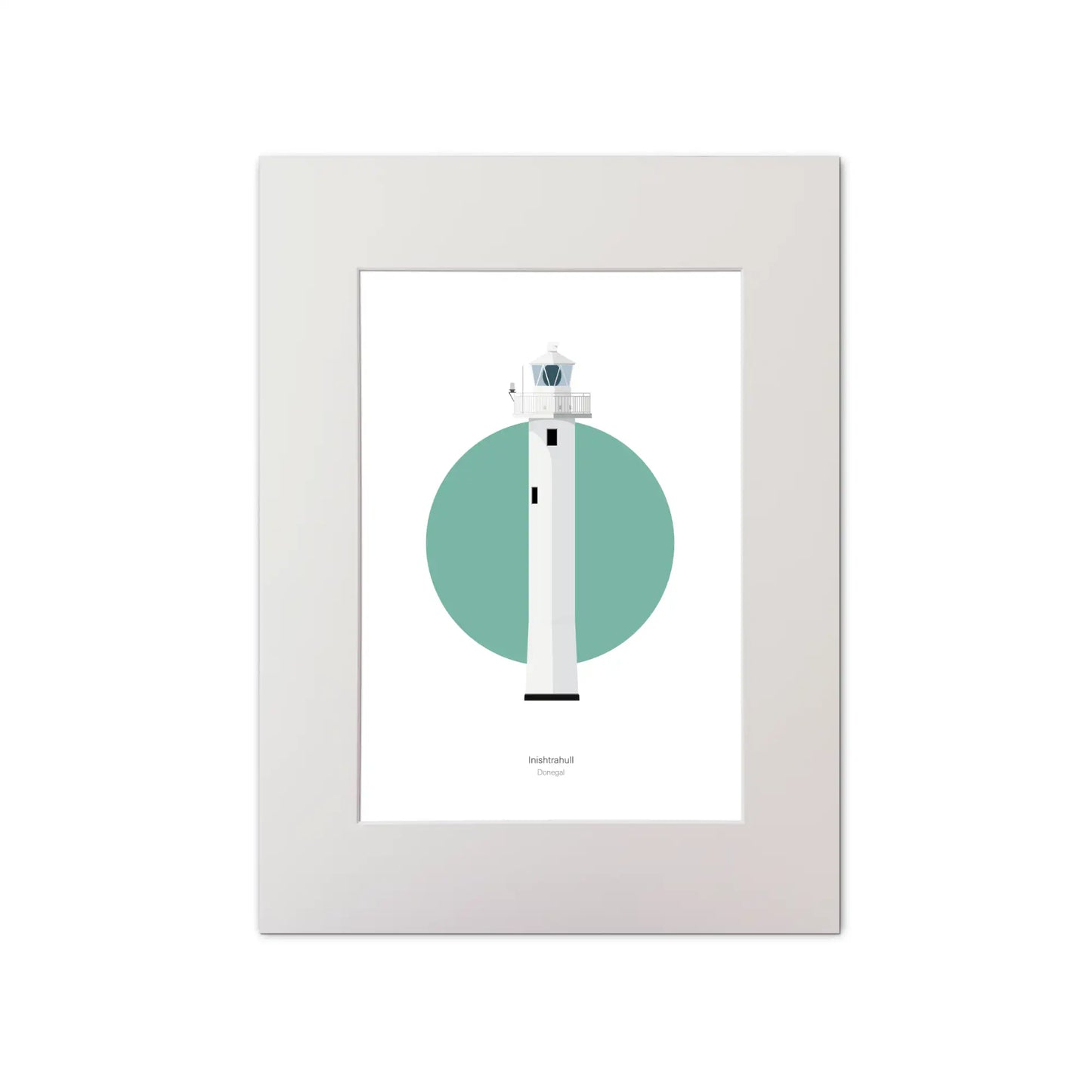Contemporary graphic illustration of Inishtrahull lighthouse on a white background inside light blue square, mounted and measuring 30x40cm.