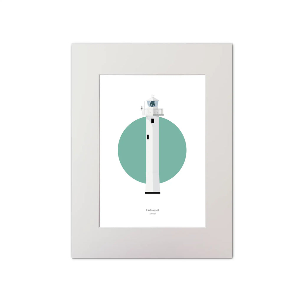 Contemporary graphic illustration of Inishtrahull lighthouse on a white background inside light blue square, mounted and measuring 30x40cm.