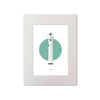 Contemporary graphic illustration of Inishtrahull lighthouse on a white background inside light blue square, mounted and measuring 30x40cm.