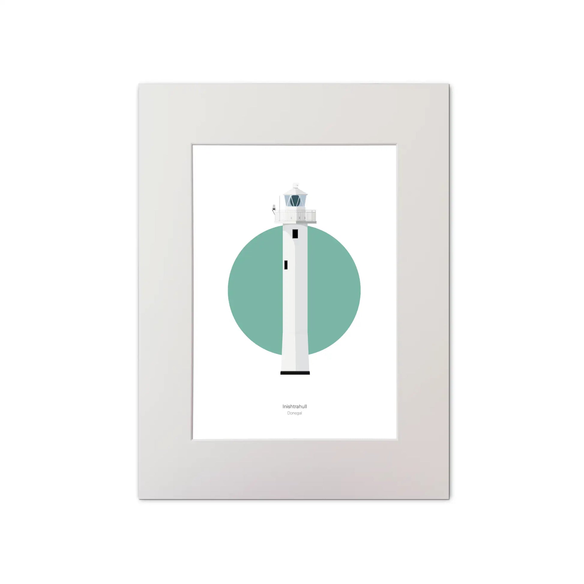 Contemporary graphic illustration of Inishtrahull lighthouse on a white background inside light blue square, mounted and measuring 30x40cm.