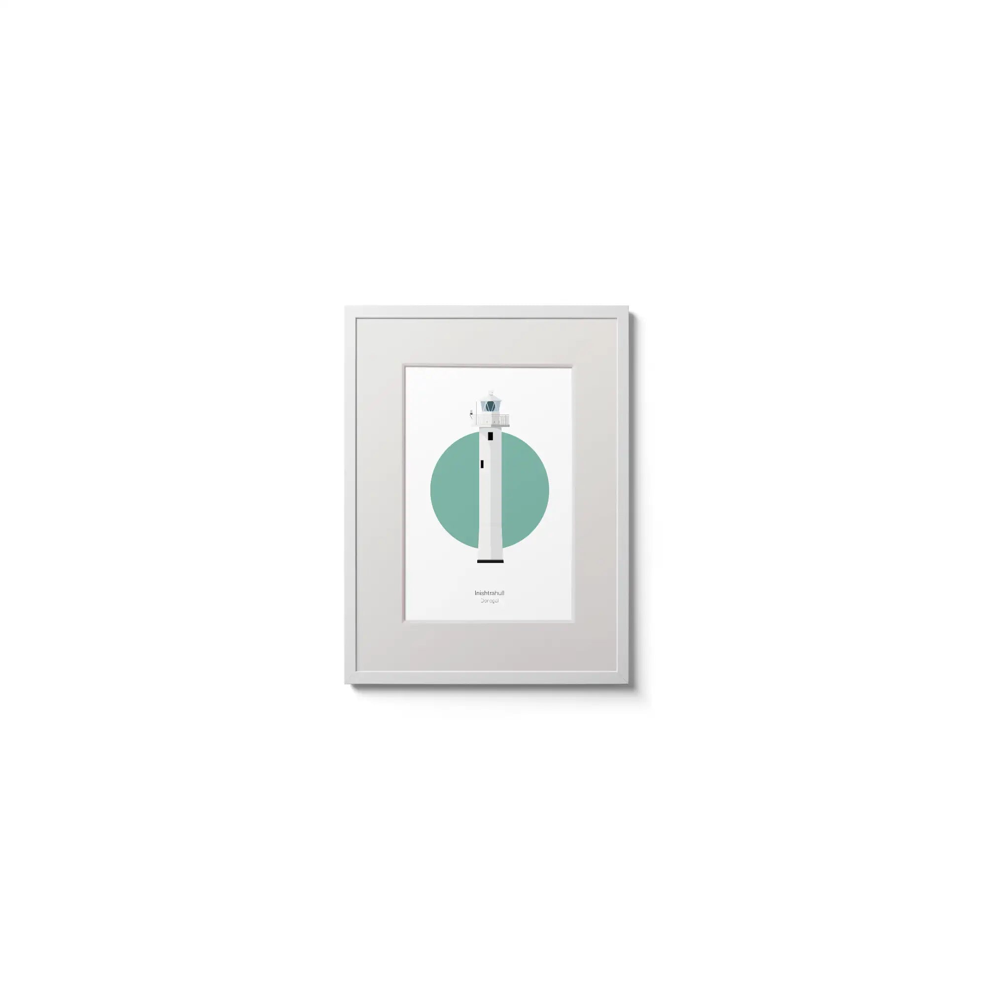 Contemporary graphic illustration of Inishtrahull lighthouse on a white background inside light blue square,  in a white frame measuring 15x20cm.