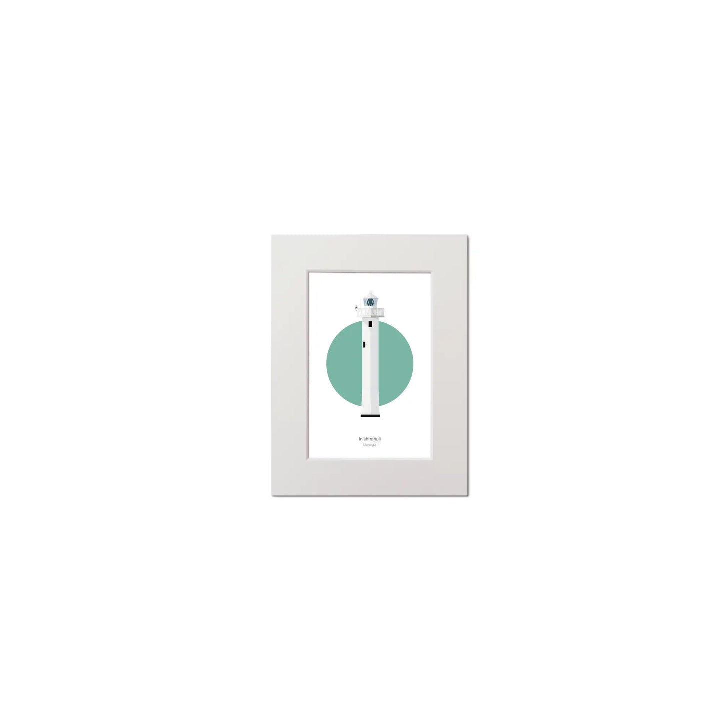 Contemporary graphic illustration of Inishtrahull lighthouse on a white background inside light blue square, mounted and measuring 15x20cm.