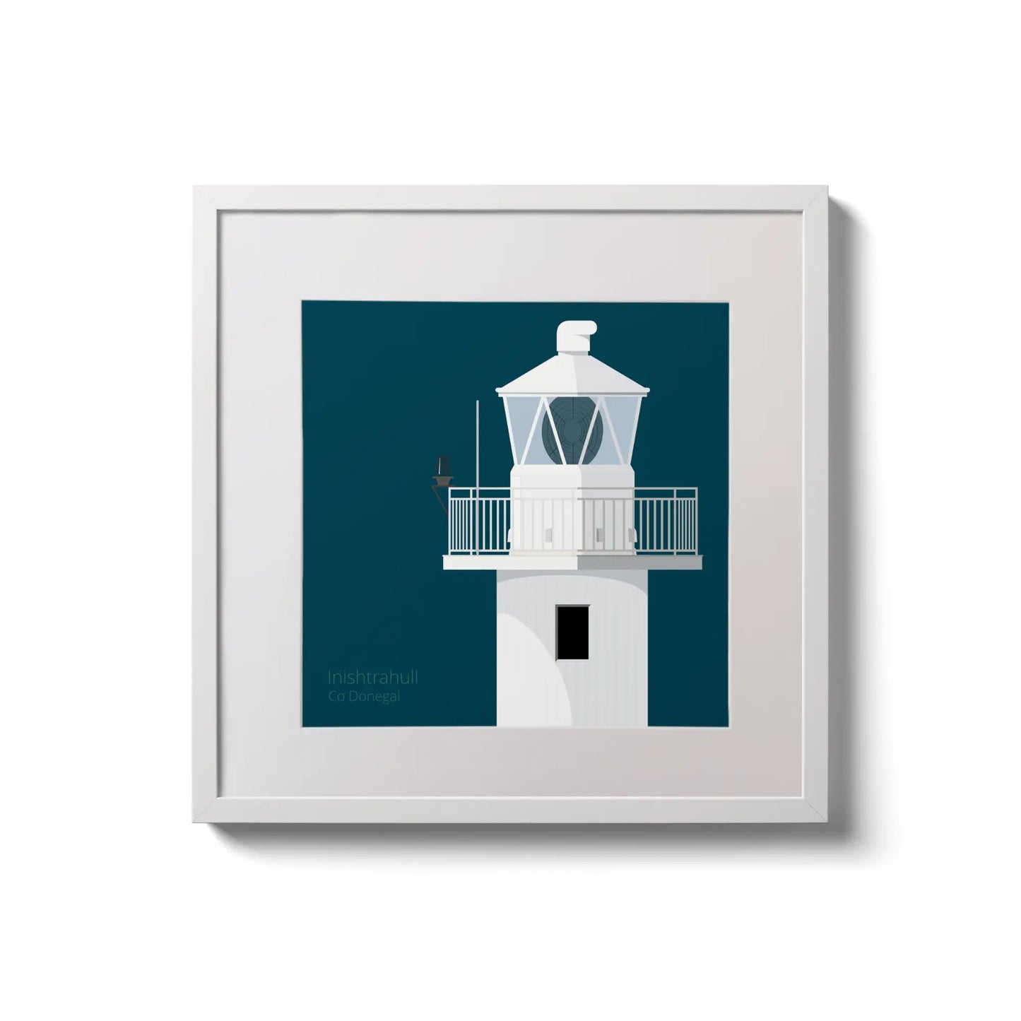 Illustration of Inishtrahull lighthouse on a midnight blue background,  in a white square frame measuring 20x20cm.