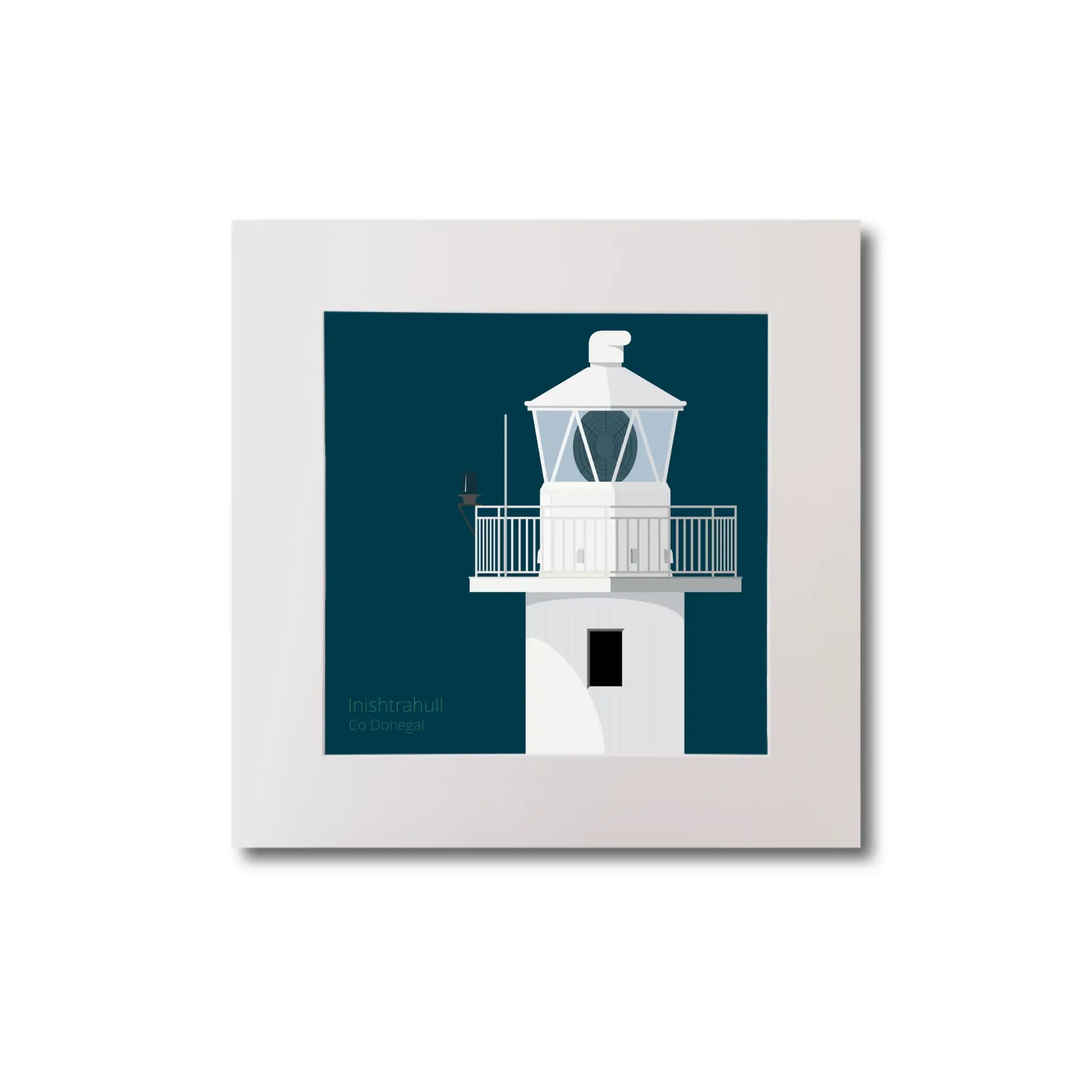 Illustration of Inishtrahull lighthouse on a midnight blue background, mounted and measuring 20x20cm.