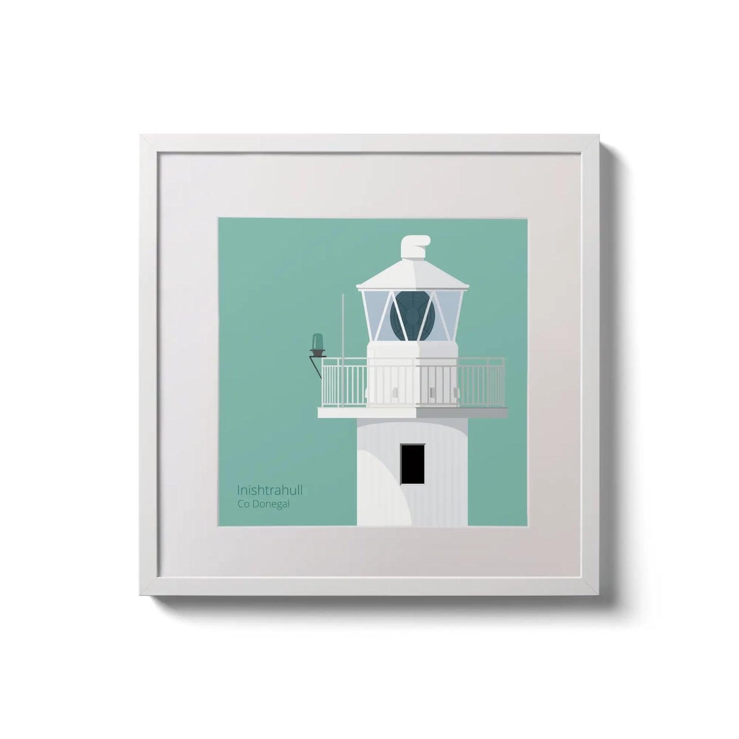 Illustration of Inishtrahull lighthouse on an ocean green background,  in a white square frame measuring 20x20cm.