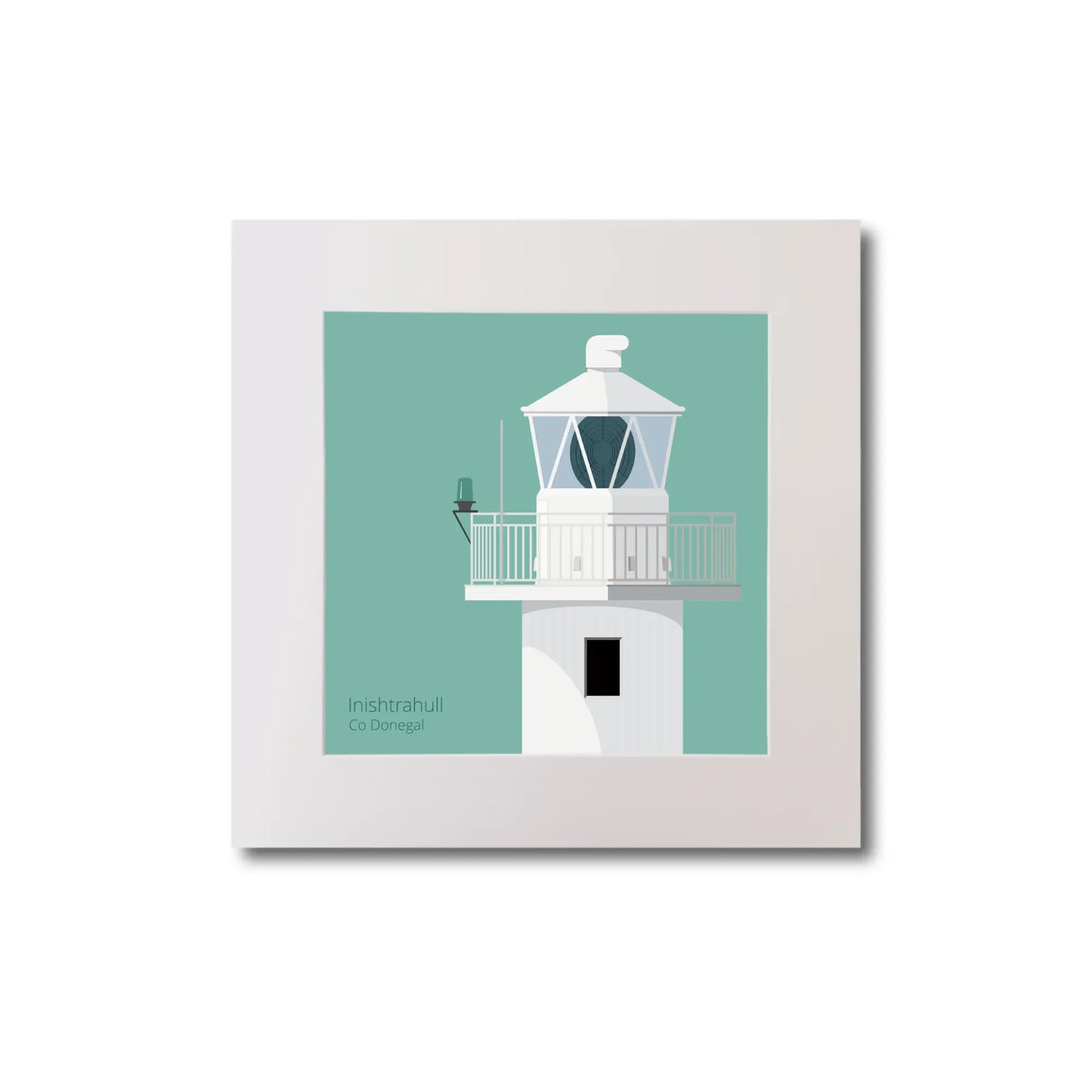 Illustration of Inishtrahull lighthouse on an ocean green background, mounted and measuring 20x20cm.