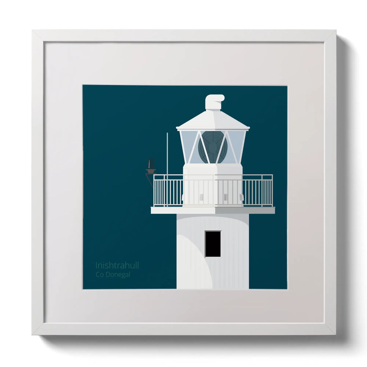 Illustration of Inishtrahull lighthouse on a midnight blue background,  in a white square frame measuring 30x30cm.