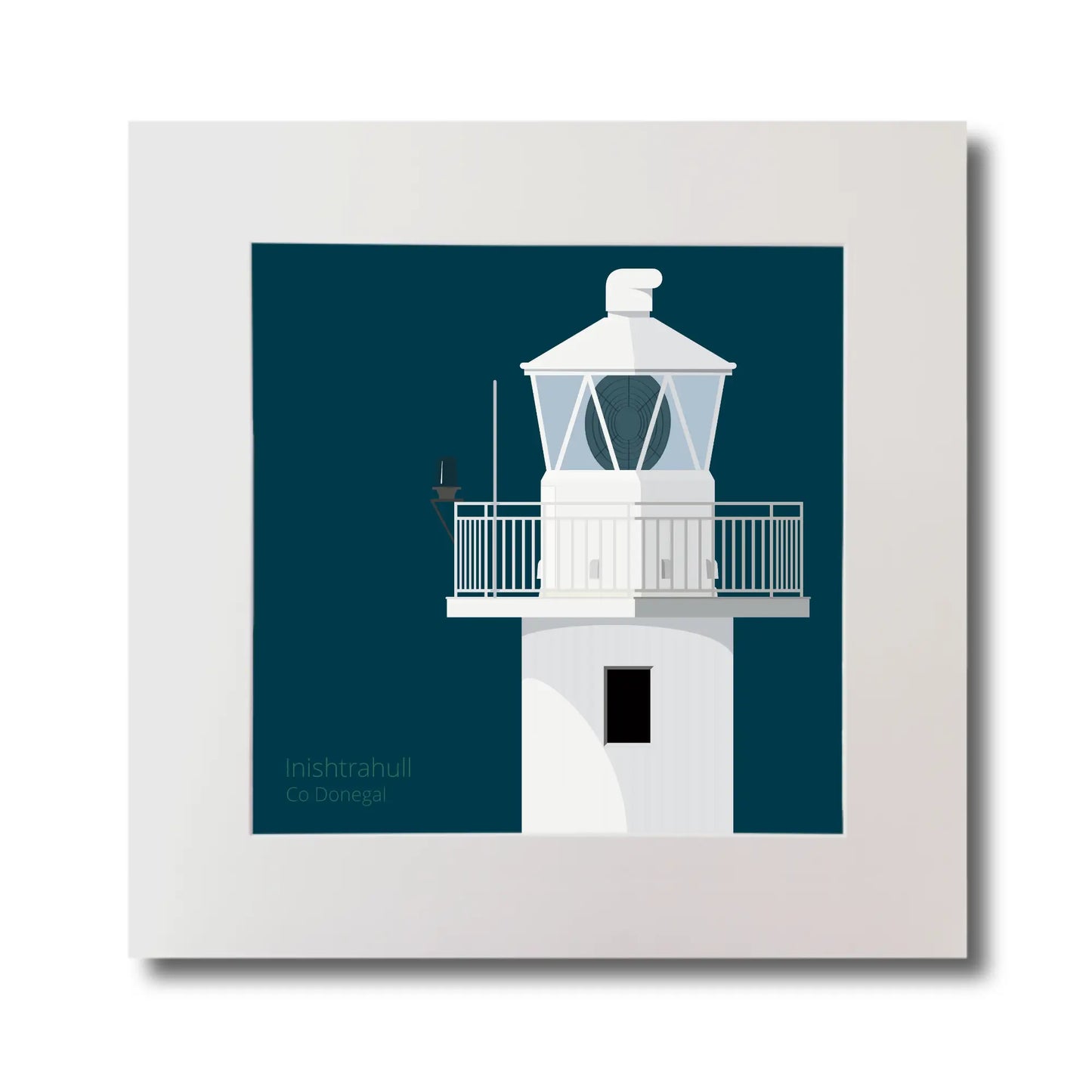 Illustration of Inishtrahull lighthouse on a midnight blue background, mounted and measuring 30x30cm.