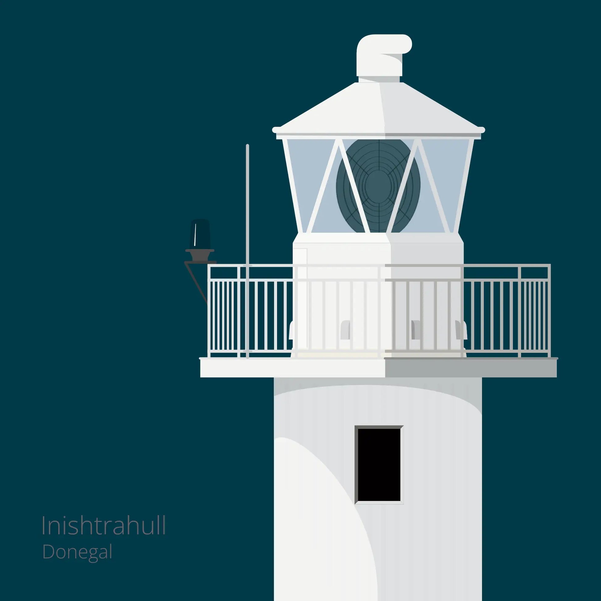 Illustration of Inishtrahull lighthouse on a midnight blue background