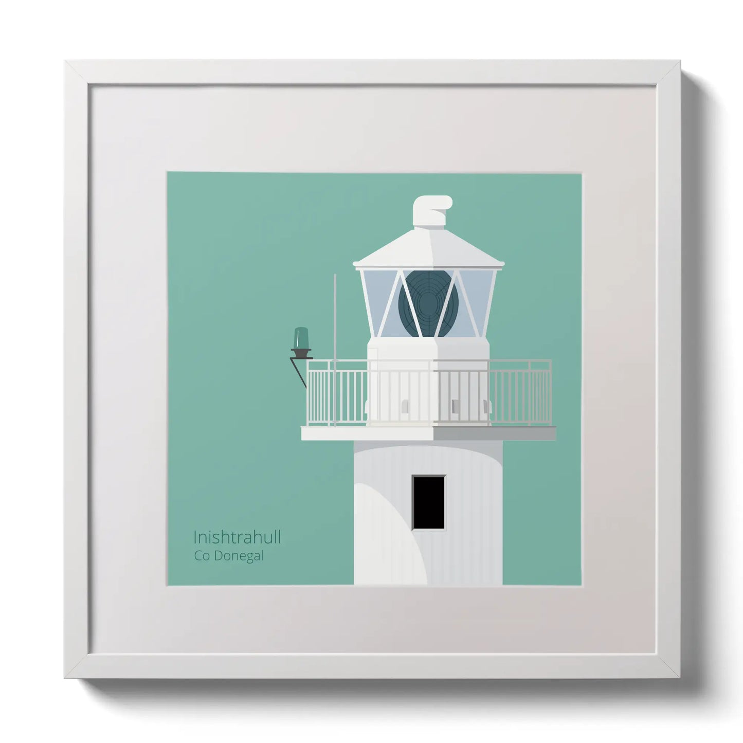 Illustration of Inishtrahull lighthouse on an ocean green background,  in a white square frame measuring 30x30cm.