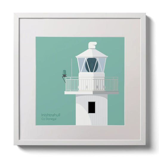 Illustration of Inishtrahull lighthouse on an ocean green background,  in a white square frame measuring 30x30cm.
