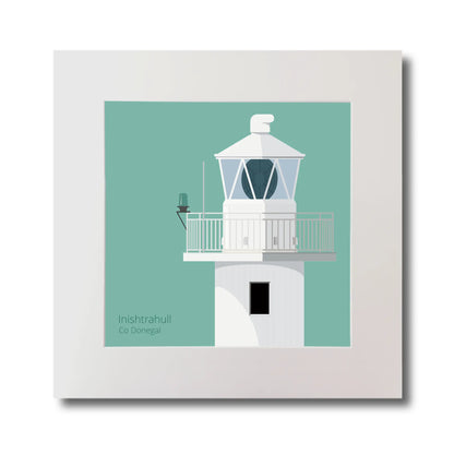 Illustration of Inishtrahull lighthouse on an ocean green background, mounted and measuring 30x30cm.