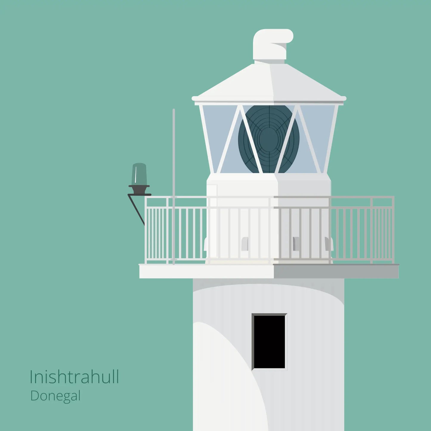 Illustration of Inishtrahull lighthouse on an ocean green background