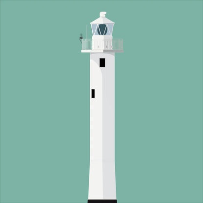 Contemporary graphic illustration of Inishtrahull lighthouse on a white background inside light blue square.